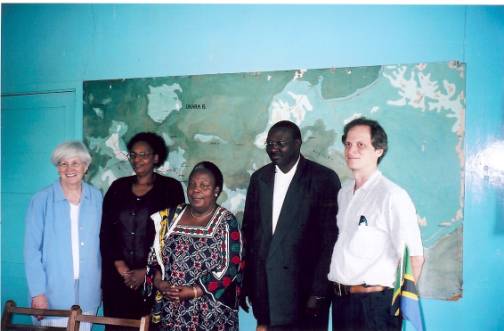 Sharon Nickols, Lioba Moshi, Ambassador and member of Parliament Gertrude Mongella, District Commissioner Peter Kiroya, and Jeffrey Mullen